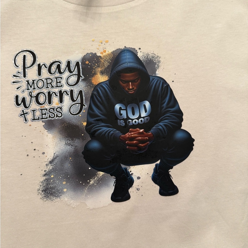 Pray More Worry Less Graphic Tee - Beige with Navy Illustration